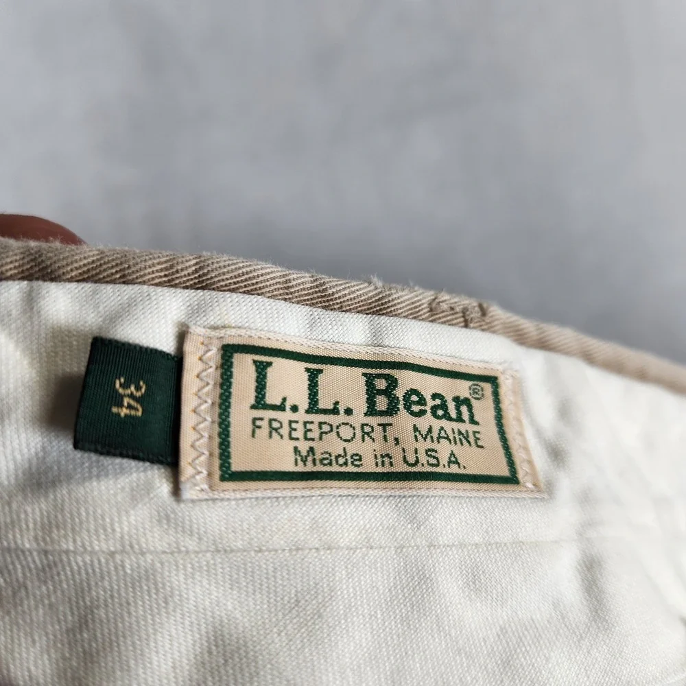 L.L. Bean Chino Pants Mens 34x30 Made in USA 100% Cotton Khaki Beige‎ Flat Front